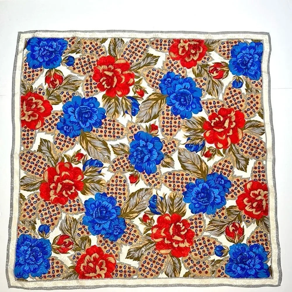 Albert Nipon for XIIX KARAT Silk Scarf Blue Magenta Tan Floral Roses Vintage